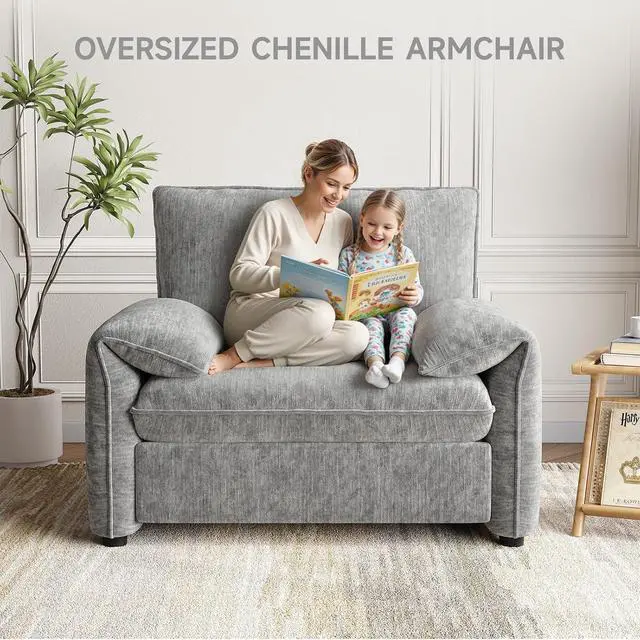 Alt view image 3 of 7 - Oversized Accent Chair, Chenille Fabric Reading Chair, Grey