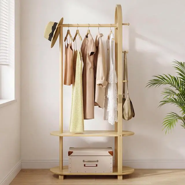 Main image of 31.5" Freestanding Wooden Clothes Rack with Shelves and Side Hooks