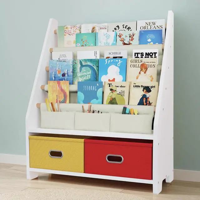 Main image of Kids Bookshelf, 4-Tier Book Rack with 2 Fabric Bins, Red Yellow