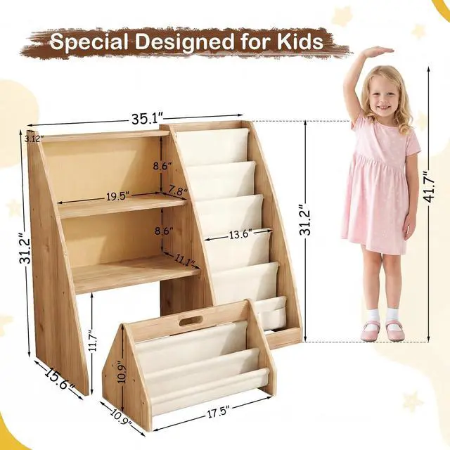 Alt view image 2 of 7 - Kids Bookshelf with Storage, Detachable Montessori Toddler Bookshelf, Solid Pine Wood Front Facing Bookshelf with 6 Sling Pockets & 3-Tier Organizer, Nursery Bookcase for Playroom Bedroom