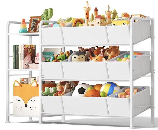 Main image of Kids Bookshelf and Toy Storage Organizer with 9 Removable Toy Bins
