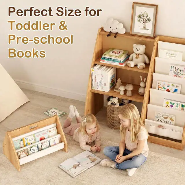 Alt view image 4 of 7 - Kids Bookshelf with Storage, Detachable Montessori Toddler Bookshelf, Solid Pine Wood Front Facing Bookshelf with 6 Sling Pockets & 3-Tier Organizer, Nursery Bookcase for Playroom Bedroom
