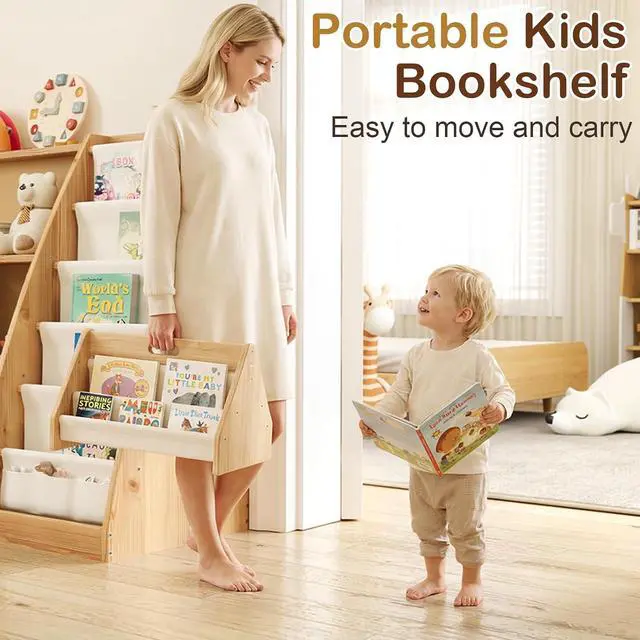 Alt view image 5 of 7 - Kids Bookshelf with Storage, Detachable Montessori Toddler Bookshelf, Solid Pine Wood Front Facing Bookshelf with 6 Sling Pockets & 3-Tier Organizer, Nursery Bookcase for Playroom Bedroom