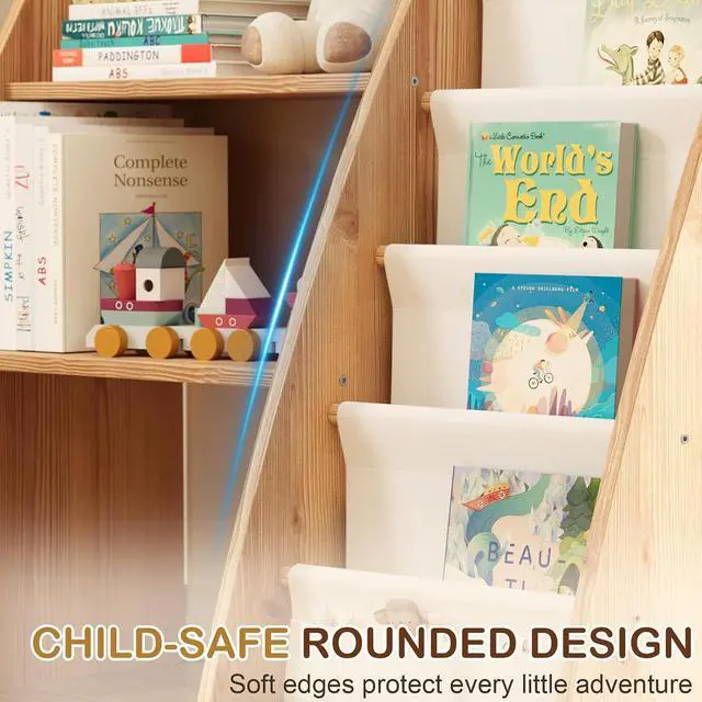 Alt view image 6 of 7 - Kids Bookshelf with Storage, Detachable Montessori Toddler Bookshelf, Solid Pine Wood Front Facing Bookshelf with 6 Sling Pockets & 3-Tier Organizer, Nursery Bookcase for Playroom Bedroom