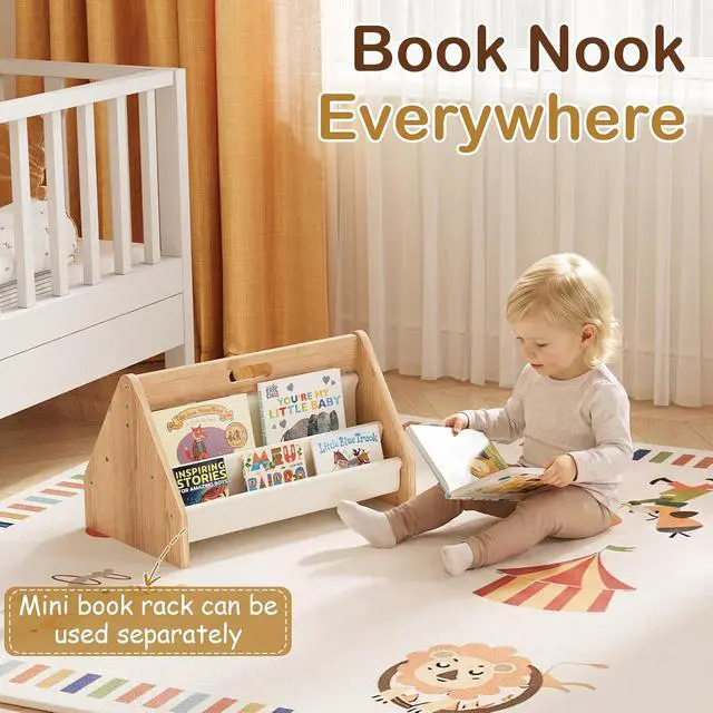 Alt view image 7 of 7 - Kids Bookshelf with Storage, Detachable Montessori Toddler Bookshelf, Solid Pine Wood Front Facing Bookshelf with 6 Sling Pockets & 3-Tier Organizer, Nursery Bookcase for Playroom Bedroom