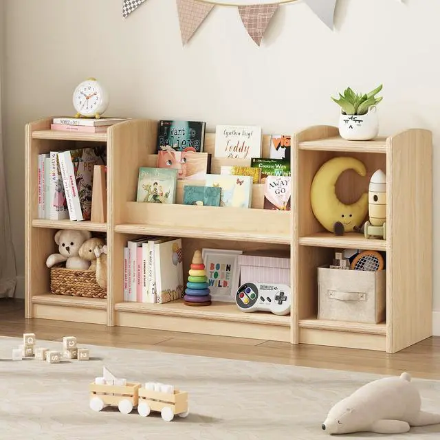 Main image of Wooden Montessori Shelf with 3-Tier Bookshelf, Natural