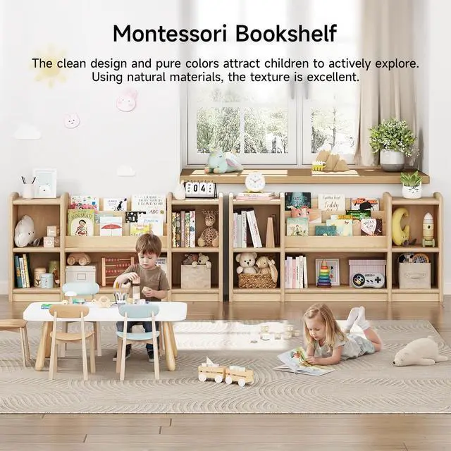 Alt view image 4 of 7 - Wooden Montessori Shelf with 3-Tier Bookshelf, Natural