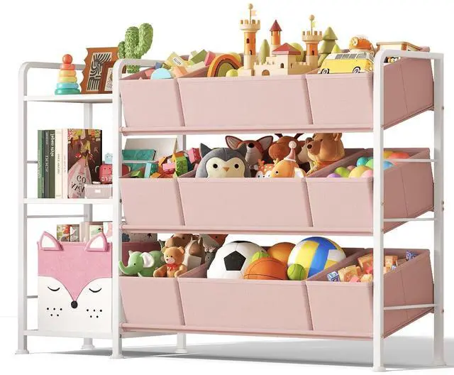 Main image of Kids Bookshelf and Toy Storage Organizer with 9 Removable Toy Bins
