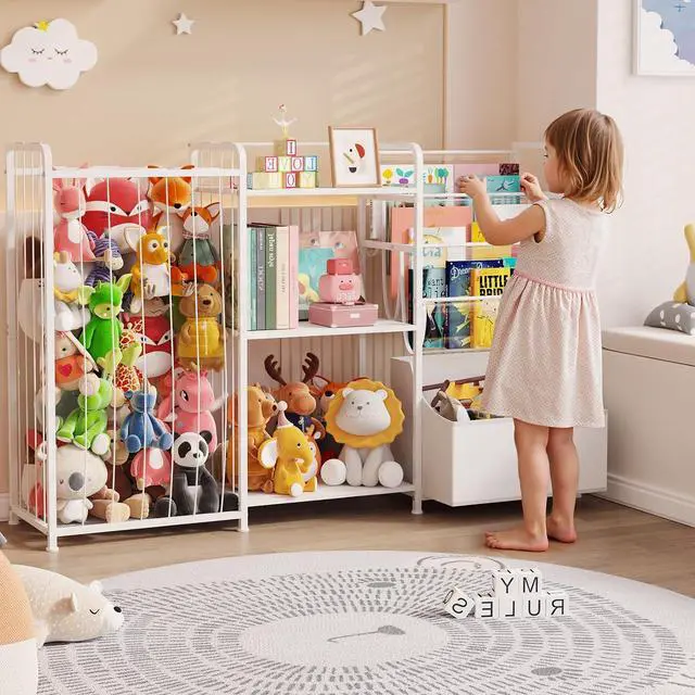 Alt view image 2 of 7 - 3in1 Stuffed Animal Storage Organizer - Toy Storage with Kids Bookshelf & Large Plushies Holder for Kids Room - Multi-Functional Furniture for Nursery, Bedroom, and Playroom, White & Pink