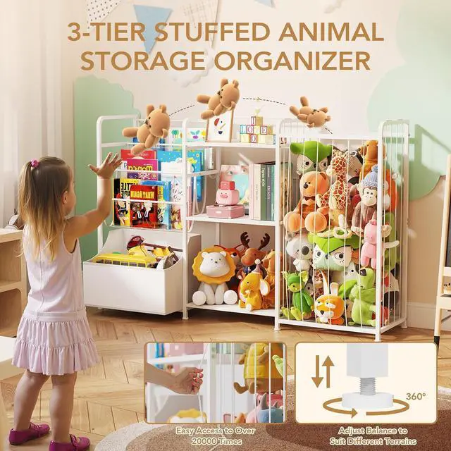 Alt view image 4 of 7 - 3in1 Stuffed Animal Storage Organizer - Toy Storage with Kids Bookshelf & Large Plushies Holder for Kids Room - Multi-Functional Furniture for Nursery, Bedroom, and Playroom, White & Pink