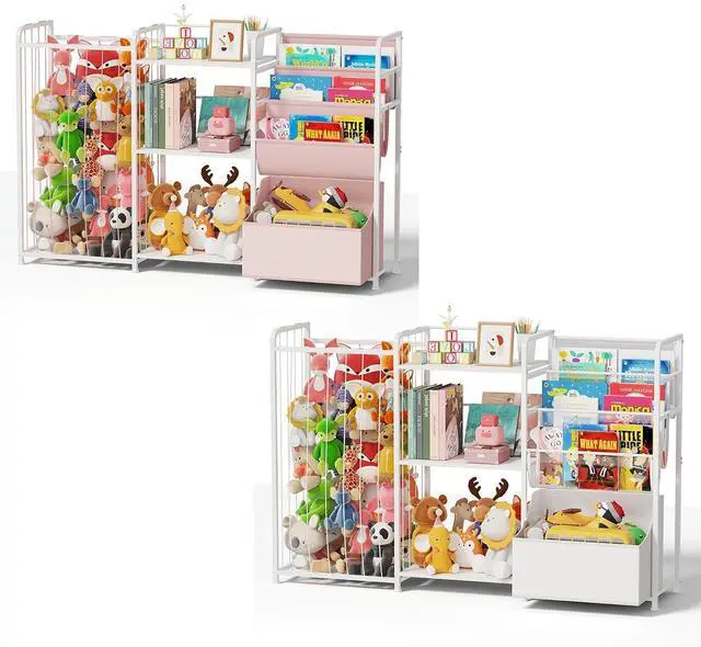 Main image of 3in1 Stuffed Animal Storage Organizer - Toy Storage with Kids Bookshelf & Large Plushies Holder for Kids Room - Multi-Functional Furniture for Nursery, Bedroom, and Playroom, White & Pink