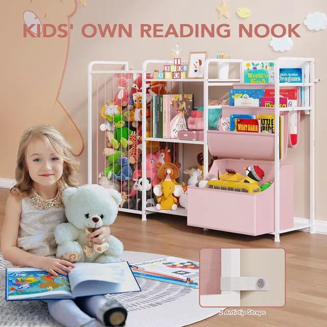 Alt view image 5 of 7 - 3in1 Stuffed Animal Storage Organizer - Toy Storage with Kids Bookshelf & Large Plushies Holder for Kids Room - Multi-Functional Furniture for Nursery, Bedroom, and Playroom, White & Pink