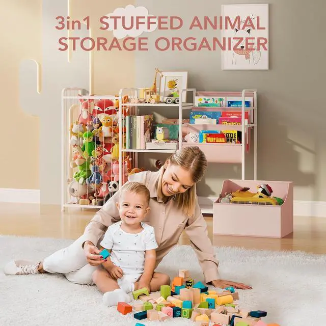 Alt view image 7 of 7 - 3in1 Stuffed Animal Storage Organizer - Toy Storage with Kids Bookshelf & Large Plushies Holder for Kids Room - Multi-Functional Furniture for Nursery, Bedroom, and Playroom, White & Pink