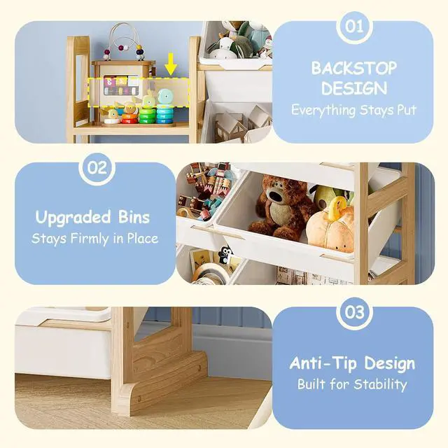 Alt view image 3 of 7 - Toy Storage Organizer, Toy Storage Shelf with 3 Shelves and 16 Storage Bins (12 Small + 4 Large), 3-in-1 Kids Bookshelf for Kids Rooms, Playroom, Nursery, White