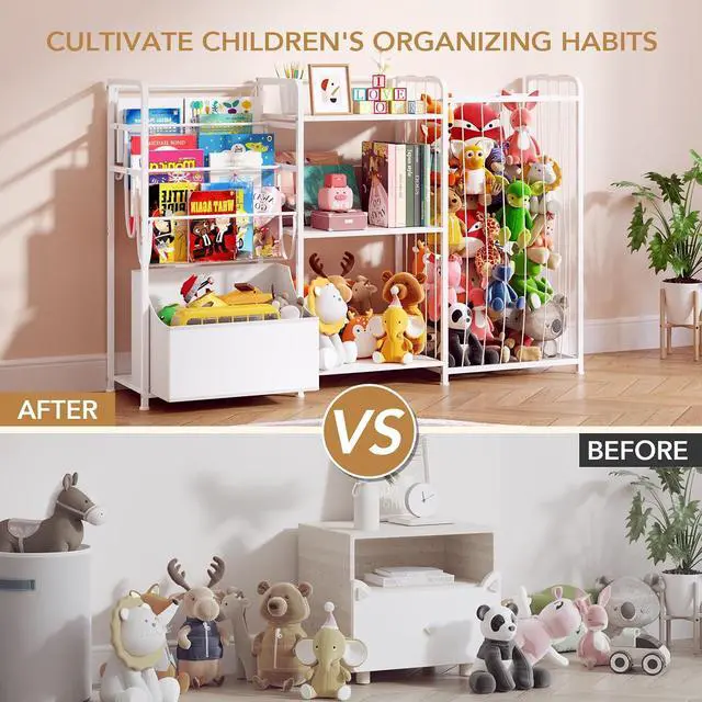 Alt view image 6 of 7 - 3in1 Stuffed Animal Storage Organizer - Toy Storage with Kids Bookshelf & Large Plushies Holder for Kids Room - Multi-Functional Furniture for Nursery, Bedroom, and Playroom, White & Pink