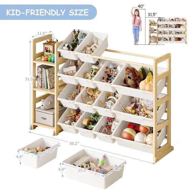 Alt view image 2 of 7 - Toy Storage Organizer, Toy Storage Shelf with 3 Shelves and 16 Storage Bins (12 Small + 4 Large), 3-in-1 Kids Bookshelf for Kids Rooms, Playroom, Nursery, White