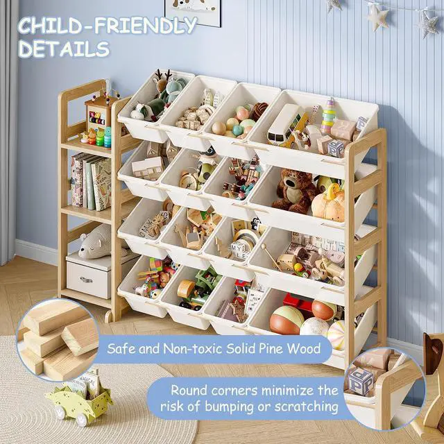 Alt view image 5 of 7 - Toy Storage Organizer, Toy Storage Shelf with 3 Shelves and 16 Storage Bins (12 Small + 4 Large), 3-in-1 Kids Bookshelf for Kids Rooms, Playroom, Nursery, White