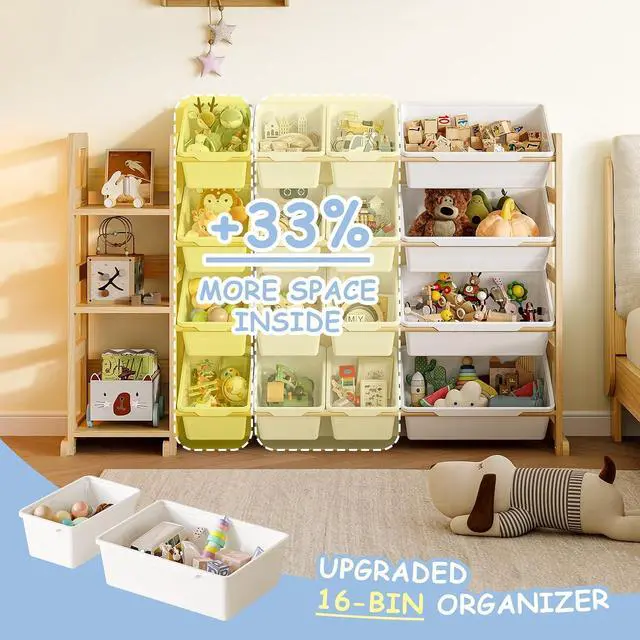 Alt view image 4 of 7 - Toy Storage Organizer, Toy Storage Shelf with 3 Shelves and 16 Storage Bins (12 Small + 4 Large), 3-in-1 Kids Bookshelf for Kids Rooms, Playroom, Nursery, White
