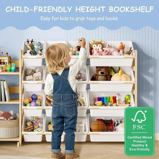 Alt view image 6 of 7 - Toy Storage Organizer, Toy Storage Shelf with 3 Shelves and 16 Storage Bins (12 Small + 4 Large), 3-in-1 Kids Bookshelf for Kids Rooms, Playroom, Nursery, White