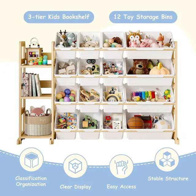 Alt view image 7 of 7 - Toy Storage Organizer, Toy Storage Shelf with 3 Shelves and 16 Storage Bins (12 Small + 4 Large), 3-in-1 Kids Bookshelf for Kids Rooms, Playroom, Nursery, White