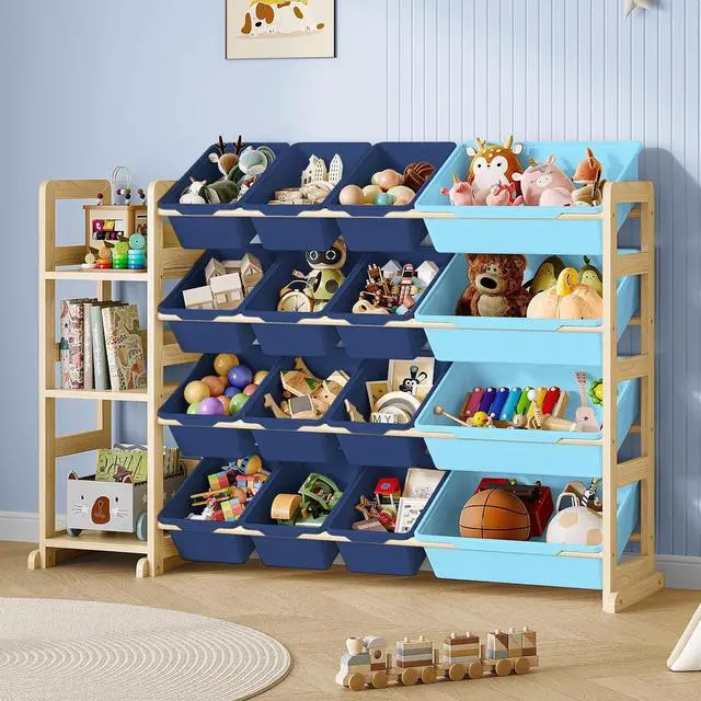 Main image of Toy Storage Organizer, Toy Storage Shelf with 3 Shelves and 16 Storage Bins (12 Small + 4 Large), 3-in-1 Kids Bookshelf for Kids Rooms, Playroom, Nursery, Blue