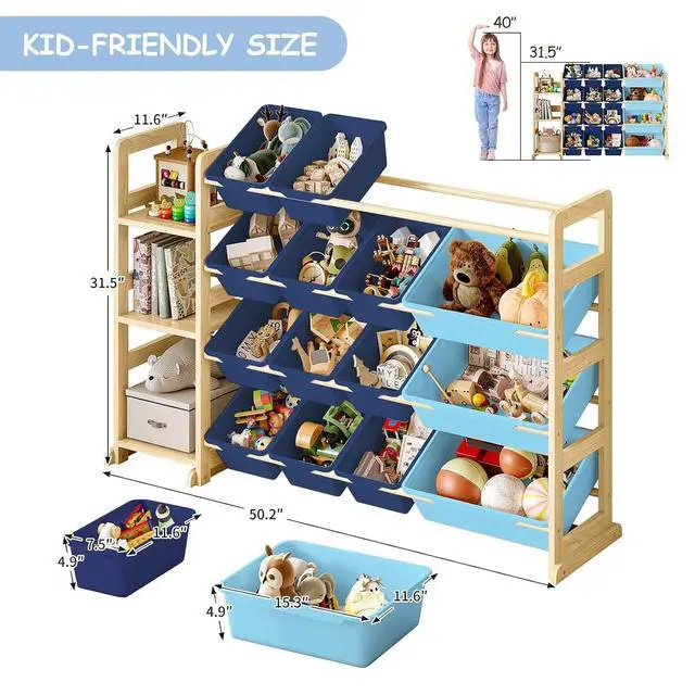 Alt view image 2 of 7 - Toy Storage Organizer, Toy Storage Shelf with 3 Shelves and 16 Storage Bins (12 Small + 4 Large), 3-in-1 Kids Bookshelf for Kids Rooms, Playroom, Nursery, Blue