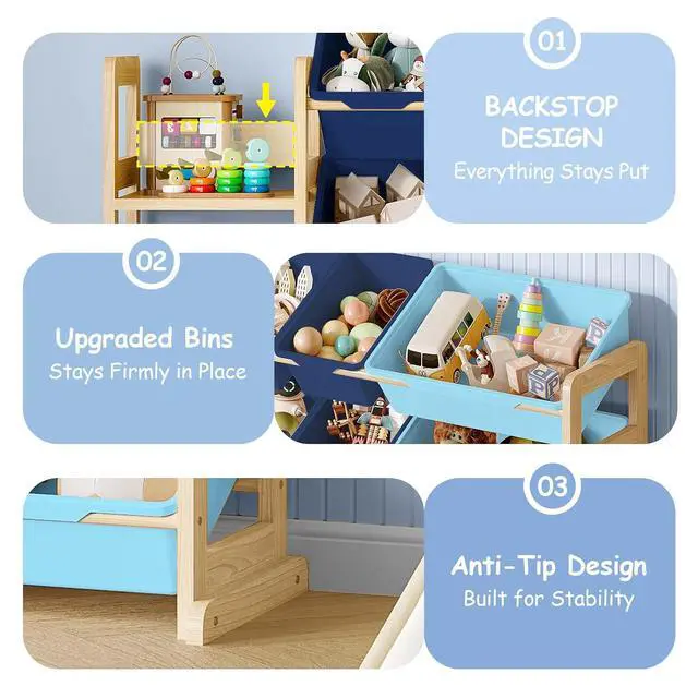 Alt view image 4 of 7 - Toy Storage Organizer, Toy Storage Shelf with 3 Shelves and 16 Storage Bins (12 Small + 4 Large), 3-in-1 Kids Bookshelf for Kids Rooms, Playroom, Nursery, Blue