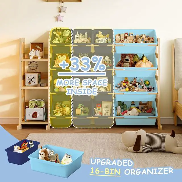 Alt view image 3 of 7 - Toy Storage Organizer, Toy Storage Shelf with 3 Shelves and 16 Storage Bins (12 Small + 4 Large), 3-in-1 Kids Bookshelf for Kids Rooms, Playroom, Nursery, Blue