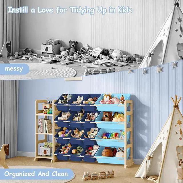 Alt view image 6 of 7 - Toy Storage Organizer, Toy Storage Shelf with 3 Shelves and 16 Storage Bins (12 Small + 4 Large), 3-in-1 Kids Bookshelf for Kids Rooms, Playroom, Nursery, Blue