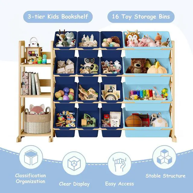 Alt view image 5 of 7 - Toy Storage Organizer, Toy Storage Shelf with 3 Shelves and 16 Storage Bins (12 Small + 4 Large), 3-in-1 Kids Bookshelf for Kids Rooms, Playroom, Nursery, Blue