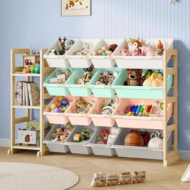 Main image of Toy Storage Organizer, Toy Storage Shelf with 3 Shelves and 16 Storage Bins (12 Small + 4 Large), 3-in-1 Kids Bookshelf for Kids Rooms, Playroom, Nursery, Multi