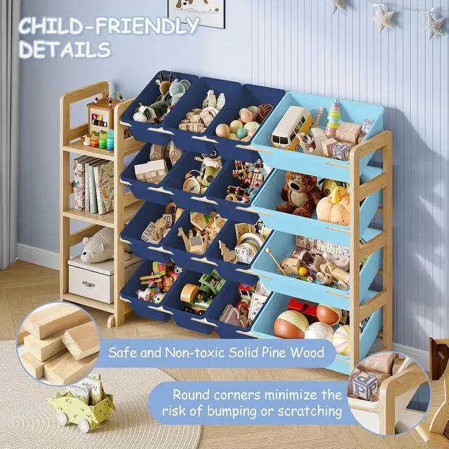 Alt view image 7 of 7 - Toy Storage Organizer, Toy Storage Shelf with 3 Shelves and 16 Storage Bins (12 Small + 4 Large), 3-in-1 Kids Bookshelf for Kids Rooms, Playroom, Nursery, Blue