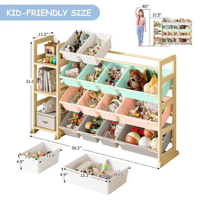 Alt view image 2 of 7 - Toy Storage Organizer, Toy Storage Shelf with 3 Shelves and 16 Storage Bins (12 Small + 4 Large), 3-in-1 Kids Bookshelf for Kids Rooms, Playroom, Nursery, Multi