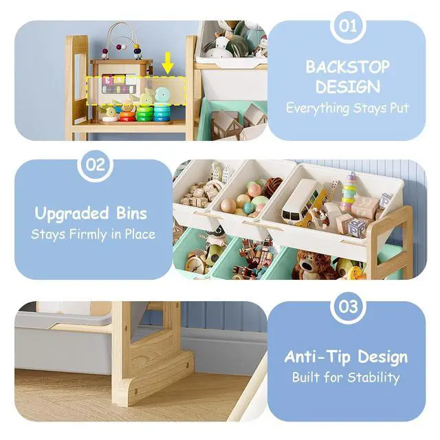 Alt view image 4 of 7 - Toy Storage Organizer, Toy Storage Shelf with 3 Shelves and 16 Storage Bins (12 Small + 4 Large), 3-in-1 Kids Bookshelf for Kids Rooms, Playroom, Nursery, Multi