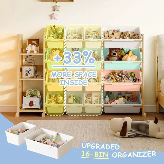 Alt view image 3 of 7 - Toy Storage Organizer, Toy Storage Shelf with 3 Shelves and 16 Storage Bins (12 Small + 4 Large), 3-in-1 Kids Bookshelf for Kids Rooms, Playroom, Nursery, Multi