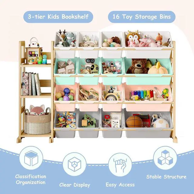 Alt view image 5 of 7 - Toy Storage Organizer, Toy Storage Shelf with 3 Shelves and 16 Storage Bins (12 Small + 4 Large), 3-in-1 Kids Bookshelf for Kids Rooms, Playroom, Nursery, Multi