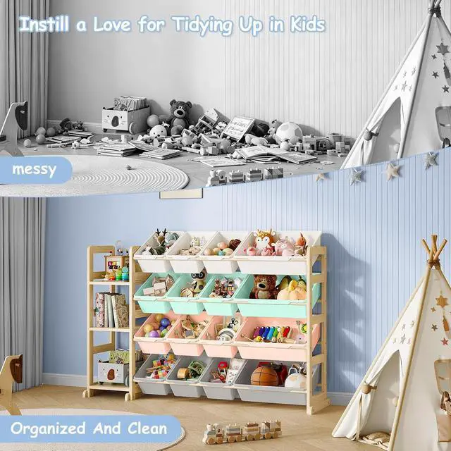 Alt view image 7 of 7 - Toy Storage Organizer, Toy Storage Shelf with 3 Shelves and 16 Storage Bins (12 Small + 4 Large), 3-in-1 Kids Bookshelf for Kids Rooms, Playroom, Nursery, Multi