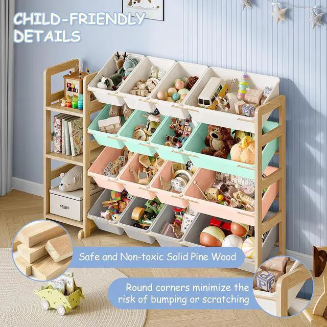 Alt view image 6 of 7 - Toy Storage Organizer, Toy Storage Shelf with 3 Shelves and 16 Storage Bins (12 Small + 4 Large), 3-in-1 Kids Bookshelf for Kids Rooms, Playroom, Nursery, Multi