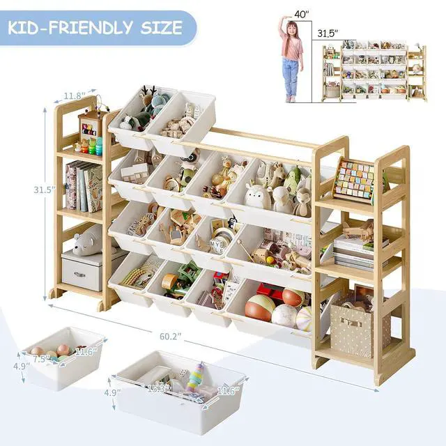 Alt view image 2 of 7 - Extra Large Toy Storage - Toy Storage Organizer, Wooden Toy Organizer with 6 Side Shelves and 16 Bins, 3-in-1 Bookshelf for Kids Rooms, Playroom, Nursery, White