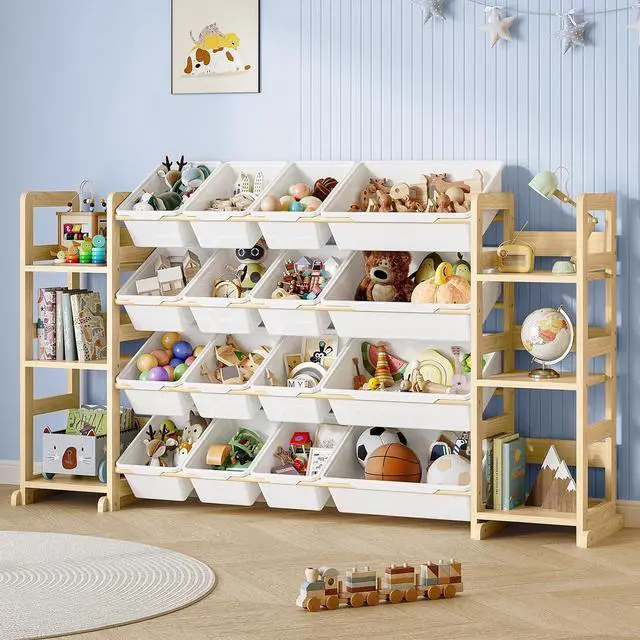 Main image of Extra Large Toy Storage - Toy Storage Organizer, Wooden Toy Organizer with 6 Side Shelves and 16 Bins, 3-in-1 Bookshelf for Kids Rooms, Playroom, Nursery, White