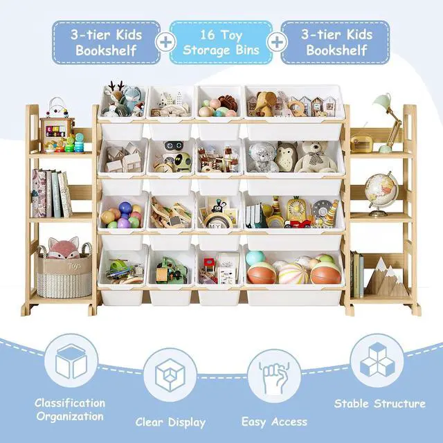 Alt view image 3 of 7 - Extra Large Toy Storage - Toy Storage Organizer, Wooden Toy Organizer with 6 Side Shelves and 16 Bins, 3-in-1 Bookshelf for Kids Rooms, Playroom, Nursery, White