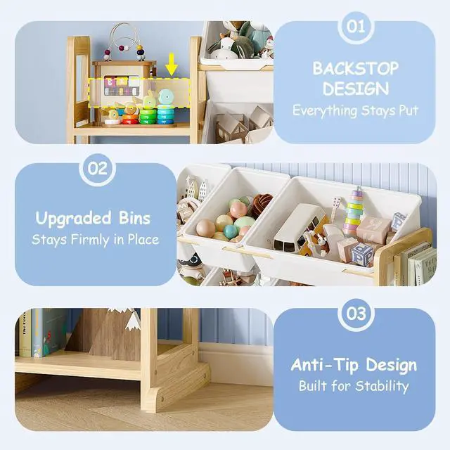 Alt view image 4 of 7 - Extra Large Toy Storage - Toy Storage Organizer, Wooden Toy Organizer with 6 Side Shelves and 16 Bins, 3-in-1 Bookshelf for Kids Rooms, Playroom, Nursery, White