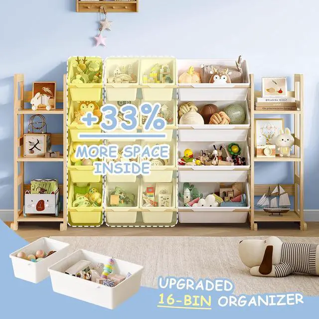 Alt view image 6 of 7 - Extra Large Toy Storage - Toy Storage Organizer, Wooden Toy Organizer with 6 Side Shelves and 16 Bins, 3-in-1 Bookshelf for Kids Rooms, Playroom, Nursery, White