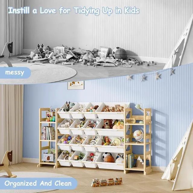 Alt view image 7 of 7 - Extra Large Toy Storage - Toy Storage Organizer, Wooden Toy Organizer with 6 Side Shelves and 16 Bins, 3-in-1 Bookshelf for Kids Rooms, Playroom, Nursery, White