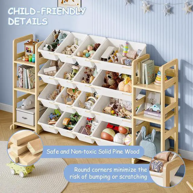 Alt view image 5 of 7 - Extra Large Toy Storage - Toy Storage Organizer, Wooden Toy Organizer with 6 Side Shelves and 16 Bins, 3-in-1 Bookshelf for Kids Rooms, Playroom, Nursery, White