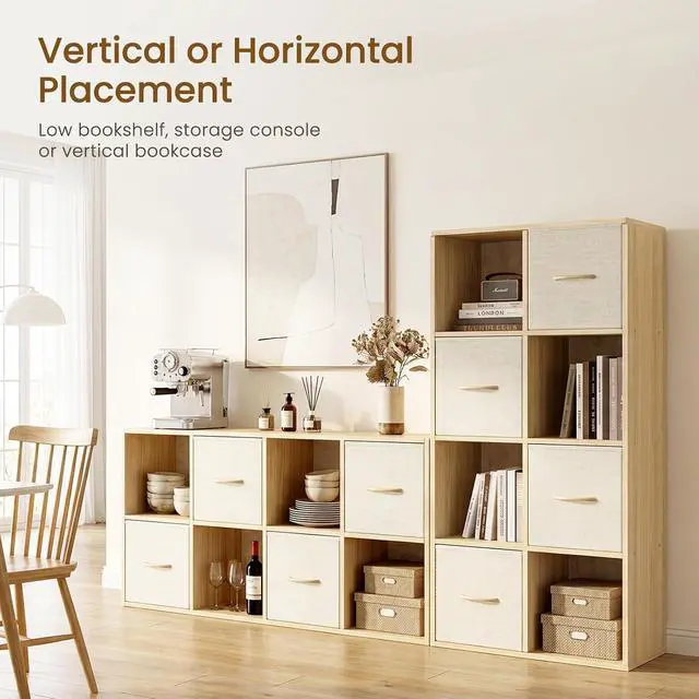 Alt view image 4 of 7 - 8 Cube Storage Organizer - Solid Wood Bookshelf with 4 Storage Bins, Cube Shelf with 2 Removable Back Panels, Vertical or Horizontal Bookcase, Open Book Shelf for Bedroom, Living Room, Office