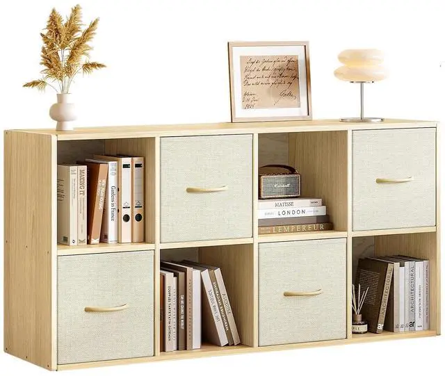 Main image of 8 Cube Storage Organizer - Solid Wood Bookshelf with 4 Storage Bins, Cube Shelf with 2 Removable Back Panels, Vertical or Horizontal Bookcase, Open Book Shelf for Bedroom, Living Room, Office