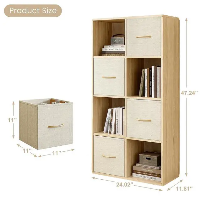 Alt view image 3 of 7 - 8 Cube Storage Organizer - Solid Wood Bookshelf with 4 Storage Bins, Cube Shelf with 2 Removable Back Panels, Vertical or Horizontal Bookcase, Open Book Shelf for Bedroom, Living Room, Office