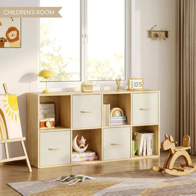 Alt view image 2 of 7 - 8 Cube Storage Organizer - Solid Wood Bookshelf with 4 Storage Bins, Cube Shelf with 2 Removable Back Panels, Vertical or Horizontal Bookcase, Open Book Shelf for Bedroom, Living Room, Office