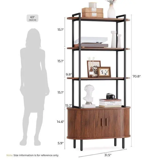 Alt view image 2 of 7 - ONBRILL 71"Tall Bookshelf,4-Tier Wood Shelves & Metal Frame Bookcase,Walnut